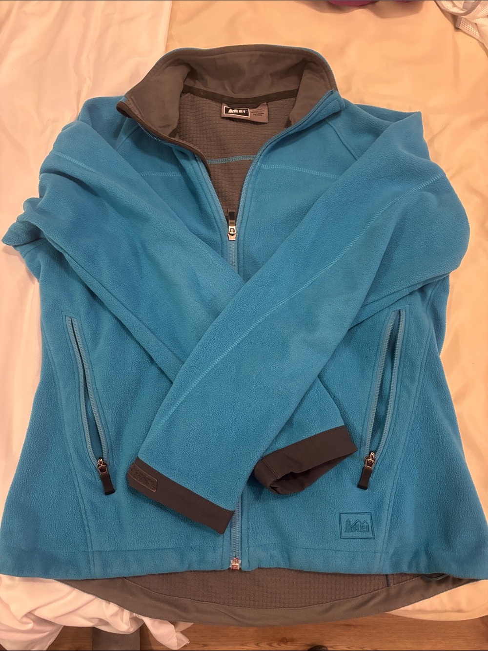 REI Teal Blue Lightweight Fleece Jacket with Gray Trim